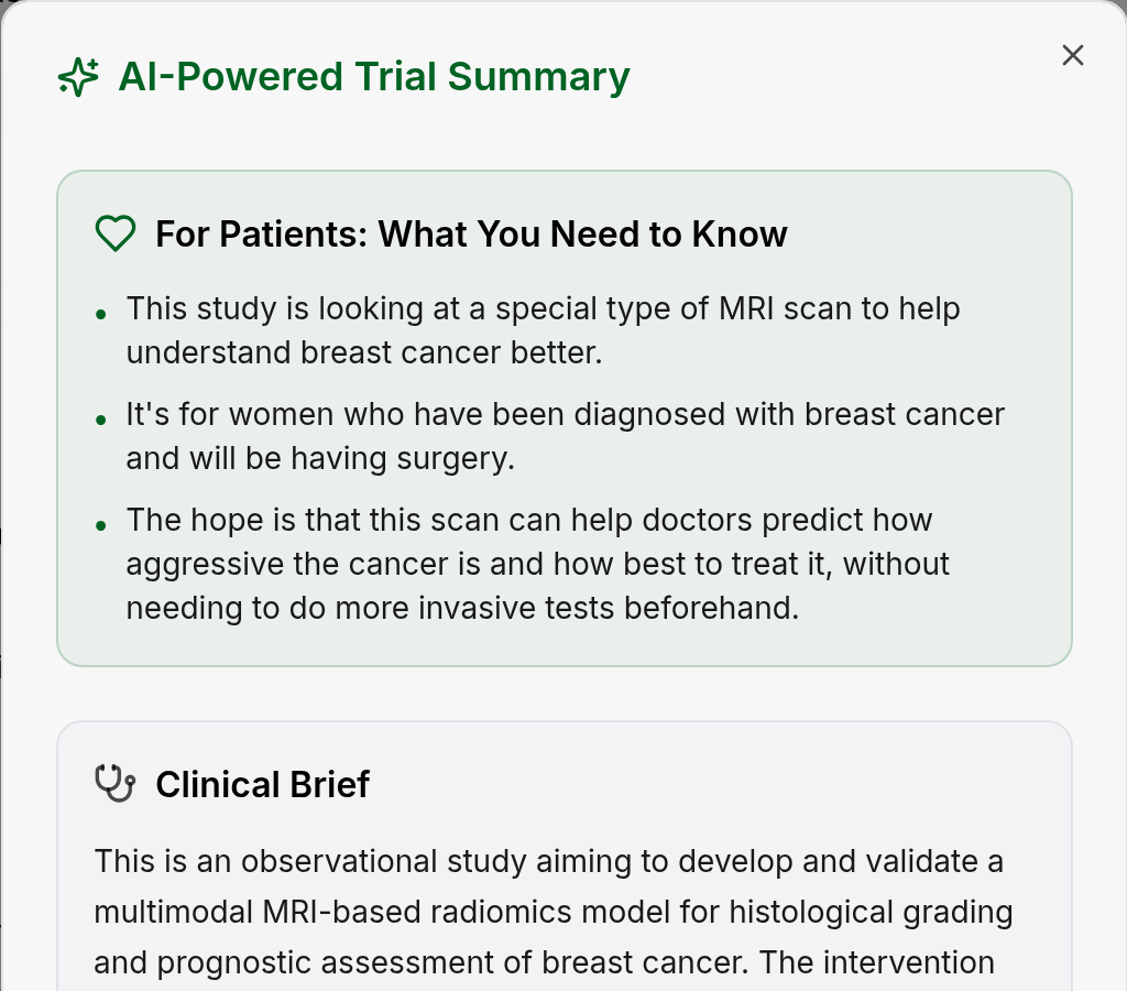 AI-powered trial summary showing a patient overview and clinical brief
