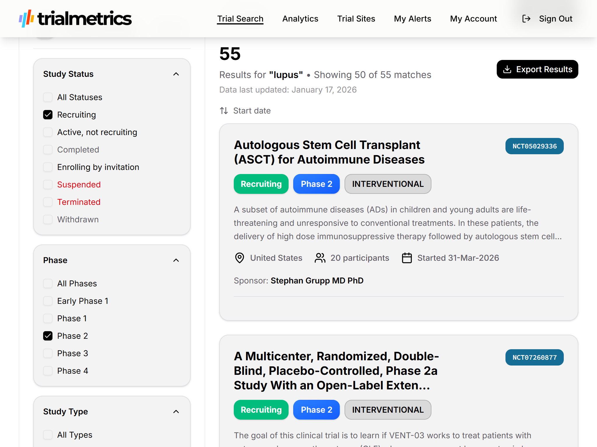Trialmetrics search results for lupus, filtered to recruiting Phase 2 trials